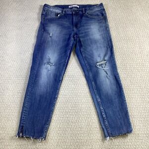 ZARA Denim Blue Distressed Zipper Ankle Cropped Jeans Women Size 10‎